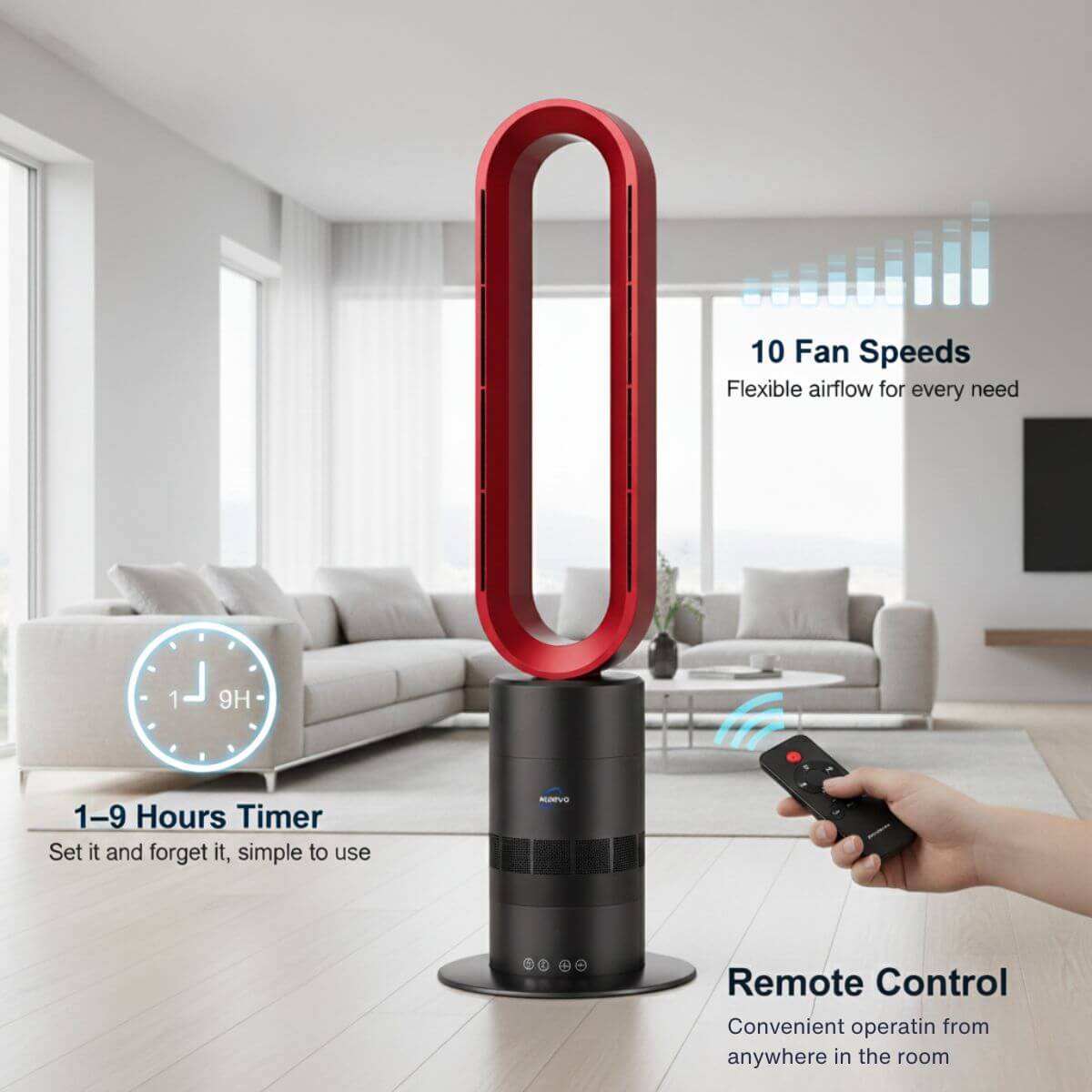 Red and black Dyson style fan with remote control in a living room setting
