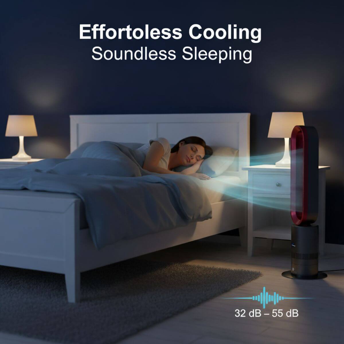 Person sleeping in a bedroom with a cooling device emitting a blue light.