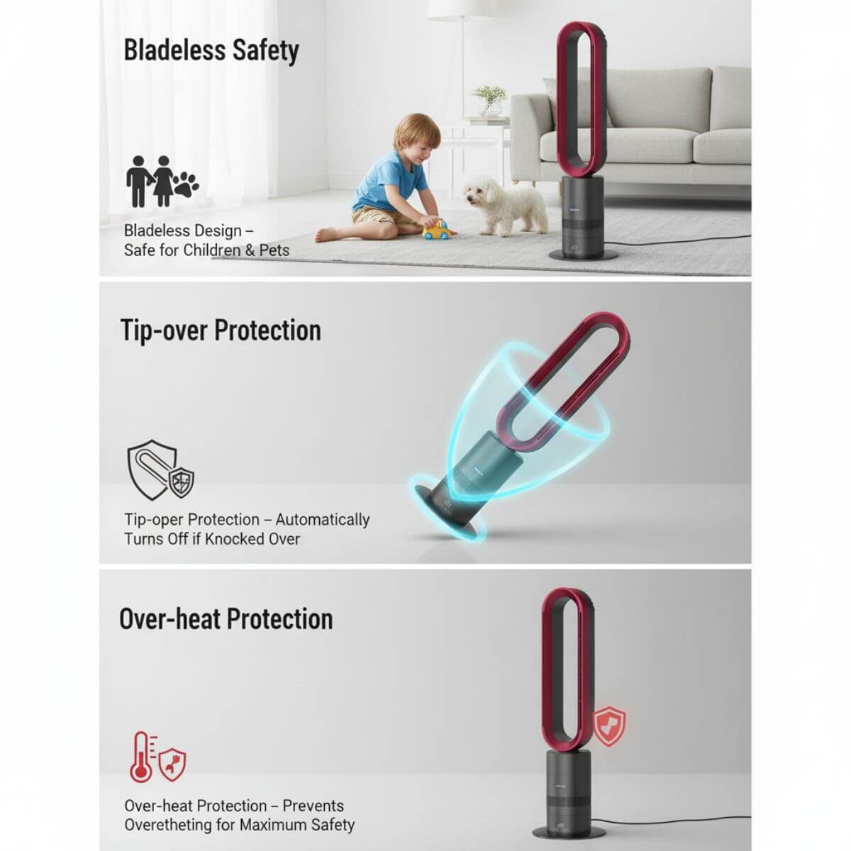 Dyson style bladeless fan with safety features highlighted on a white background