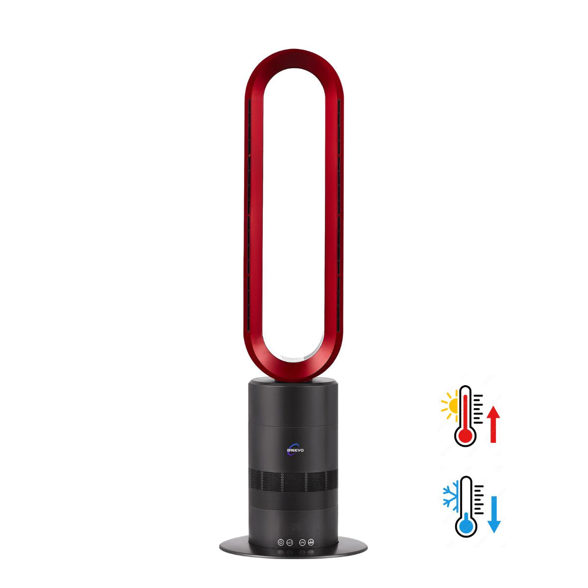 Red and black Dyson air multiplier fan on a white background