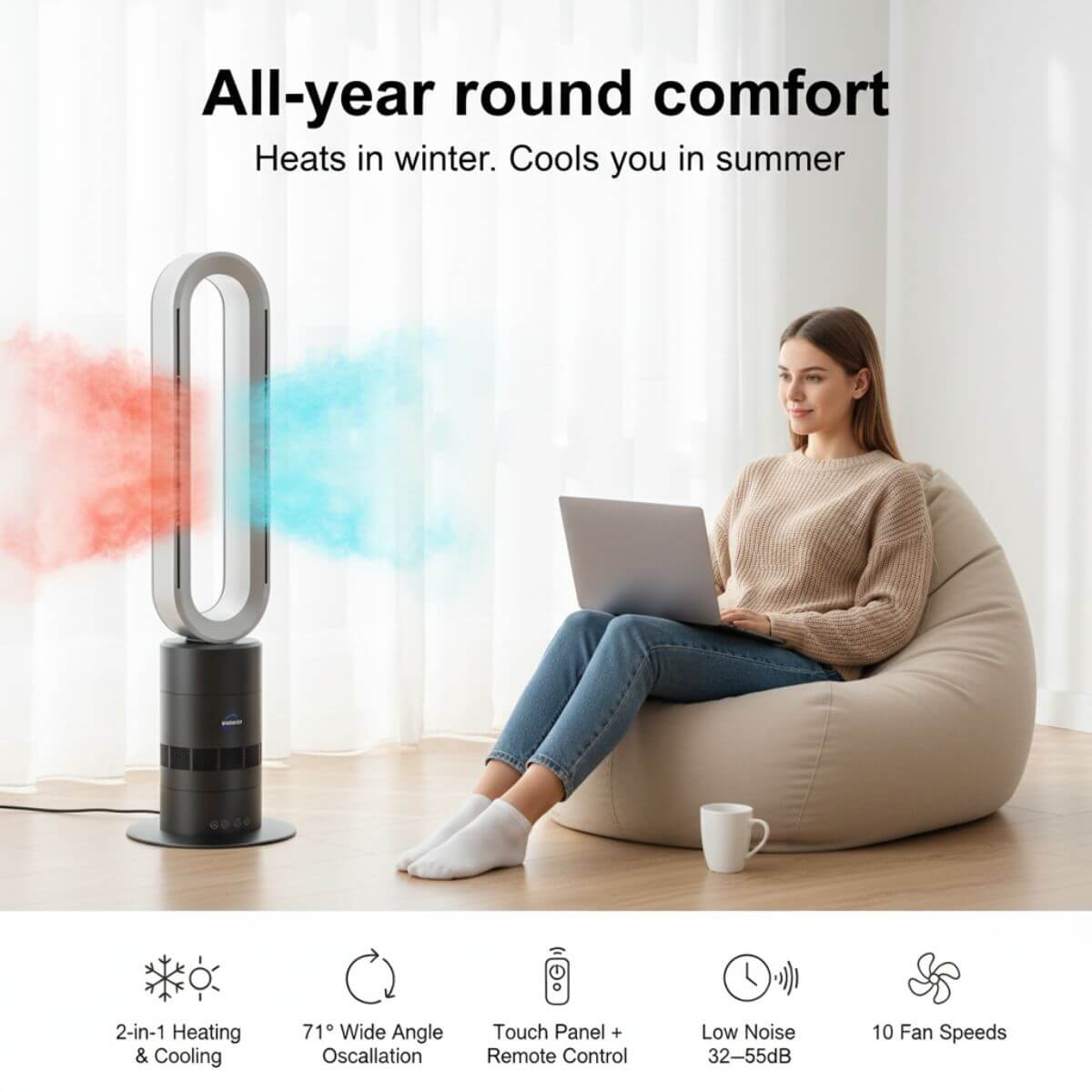Woman using a laptop next to a Dyson air multiplier fan with text about year-round comfort.