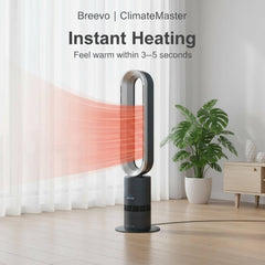 Breevo ClimateMaster instant heating device in a room with a plant and furniture.