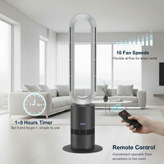 Modern standing fan with remote control in a living room setting