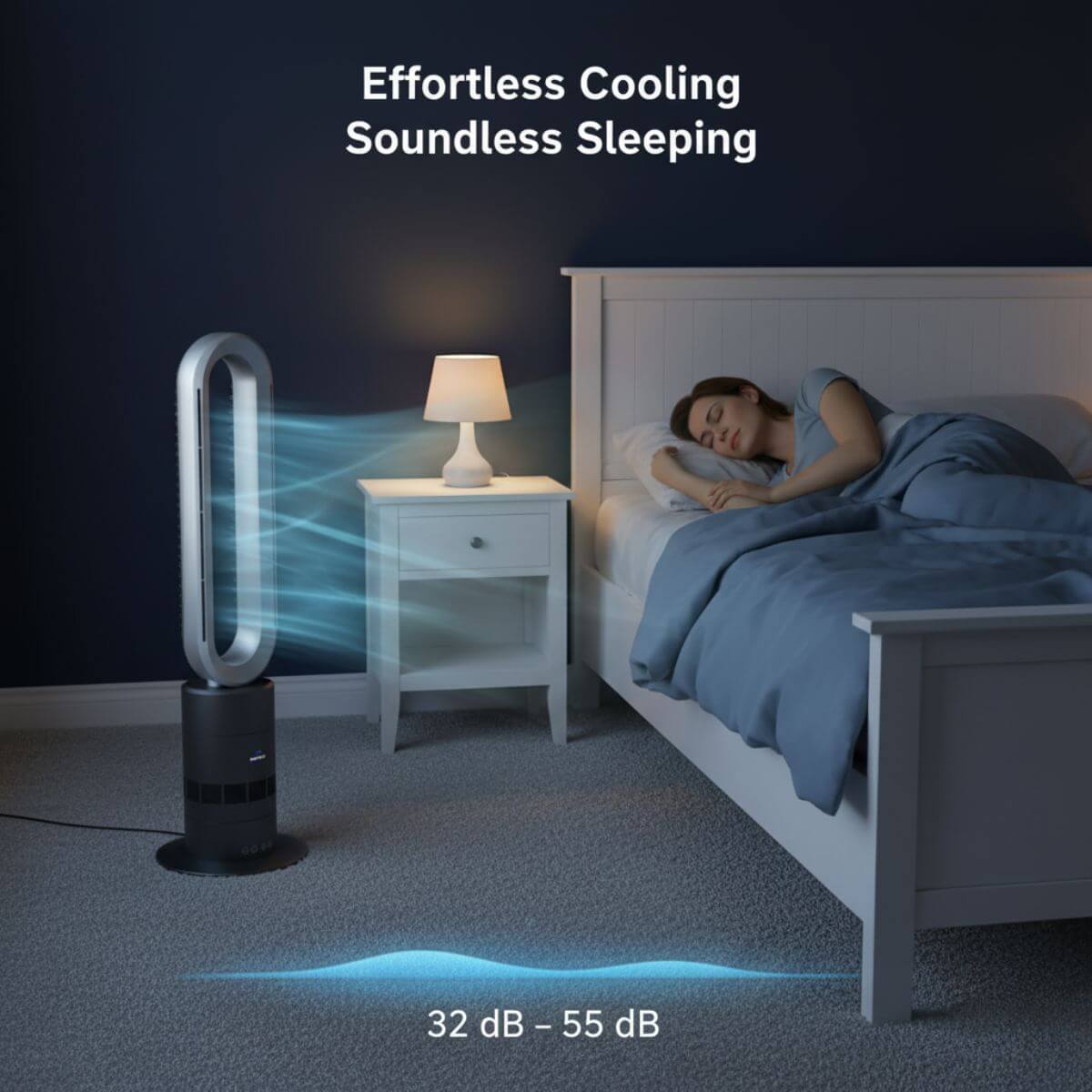 Dyson style cooling tower in a bedroom with a person sleeping, highlighting 'Effortless Cooling' and 'Soundless Sleeping'.