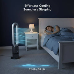 Dyson style cooling tower in a bedroom with a person sleeping, highlighting 'Effortless Cooling' and 'Soundless Sleeping'.