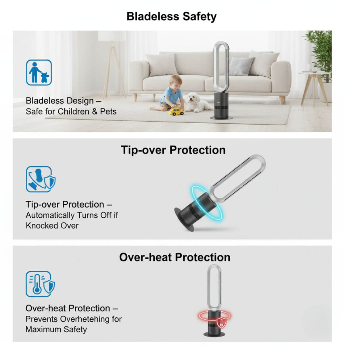 Bladeless fan with safety features highlighted in a living room setting