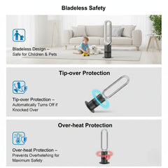 Bladeless fan with safety features highlighted in a living room setting