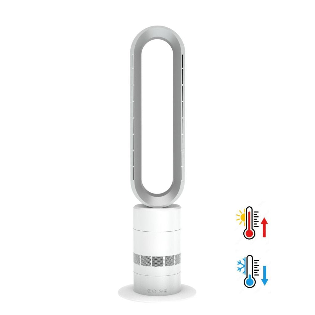 White tower fan with control icons on a white background