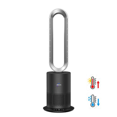 Black and silver Dyson style bladelss fan heater on a white background