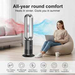Woman using a laptop next to a Dyson style  air multiplier fan with text about year-round comfort.