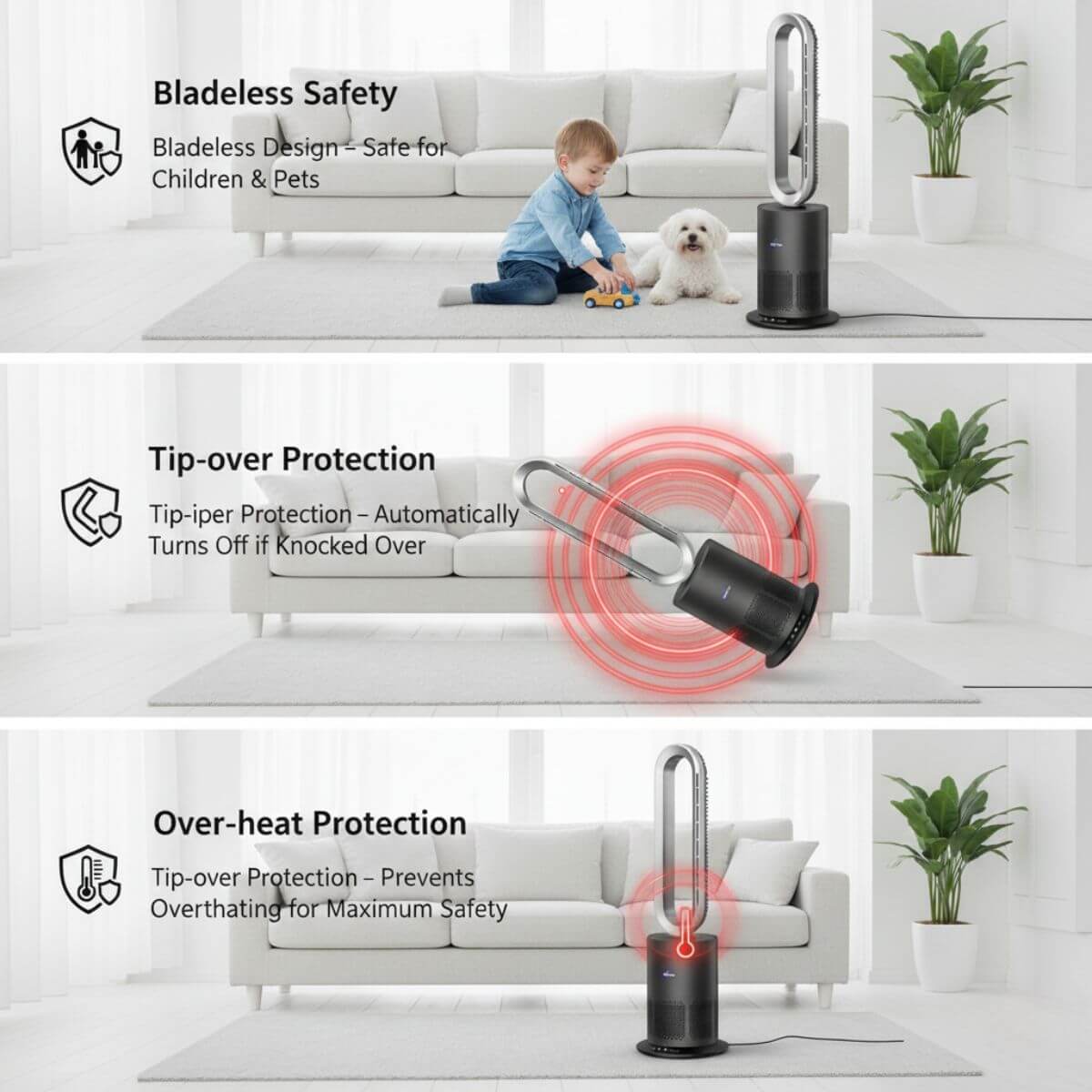 Bladeless fan with safety features displayed in a living room setting
