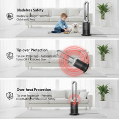 Bladeless fan with safety features displayed in a living room setting