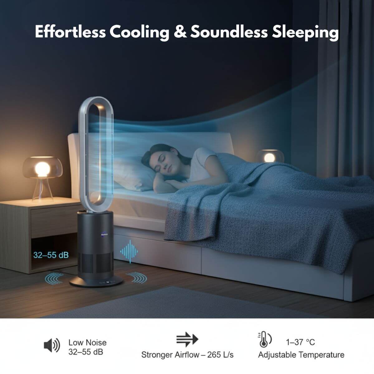 Air cooler in a bedroom with a person sleeping, highlighting effortless cooling and soundless sleeping.