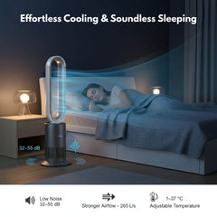 Air cooler in a bedroom with a person sleeping, highlighting effortless cooling and soundless sleeping.