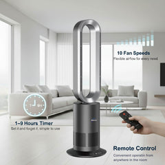 Modern standing fan with remote control in a living room setting