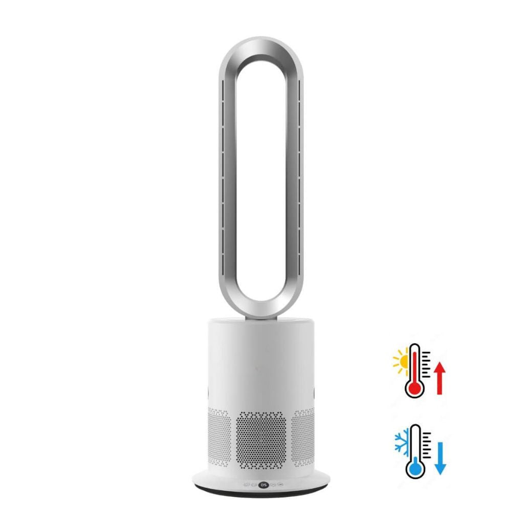 White and silver tower fan with control icons on a white background