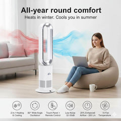 Woman using a laptop next to a tower fan with text about year-round comfort and fan features.