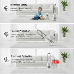 Bladeless fan with safety features displayed on a white background