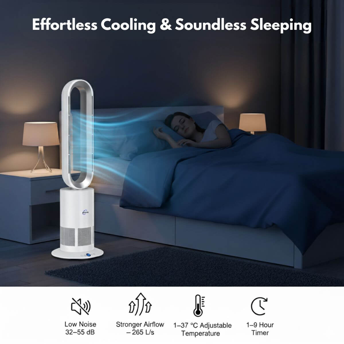 Fan in a bedroom with a person sleeping, highlighting effortless cooling and soundless sleeping features.
