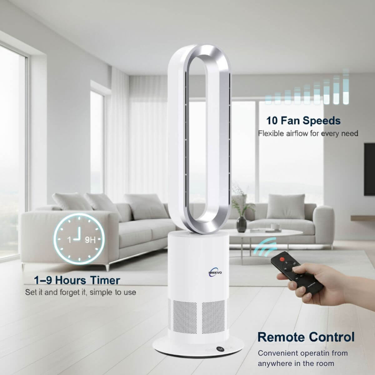 Modern standing fan with remote control in a living room setting