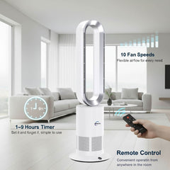 Modern standing fan with remote control in a living room setting