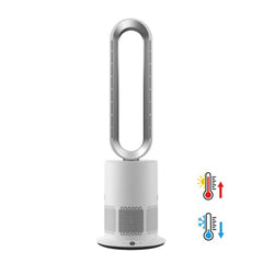 White and silver tower fan with control icons on a white background