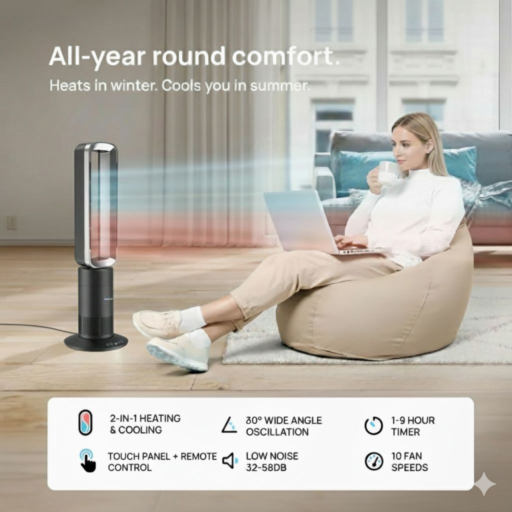 Woman using a laptop in a living room with a heating and cooling device, text indicating all-year round comfort.