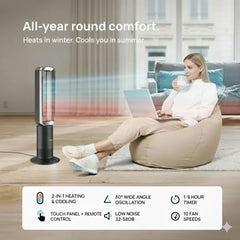 Woman using a laptop in a living room with a heating and cooling device, text indicating all-year round comfort.