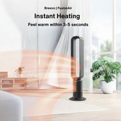 Breevo FusionAir heater on a table with text about instant heating in a room setting.