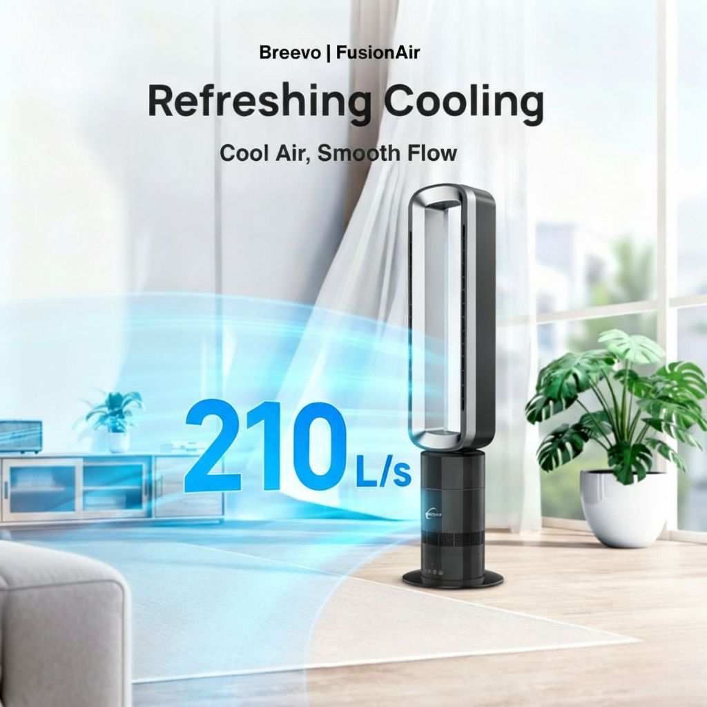 Breveo FusionAir air cooler with refreshing cooling text and 210 L/s airflow indicator in a living room setting.