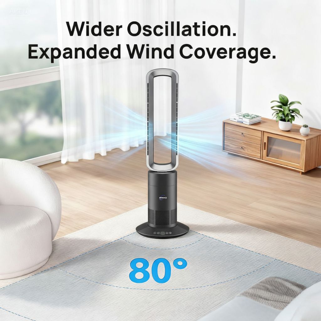 Bladeless fan in a room with text highlighting wider oscillation and expanded wind coveragean 
