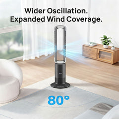 Bladeless fan in a room with text highlighting wider oscillation and expanded wind coveragean 