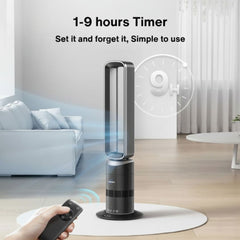 Tower fan with remote control in a living room setting, featuring a timer display.