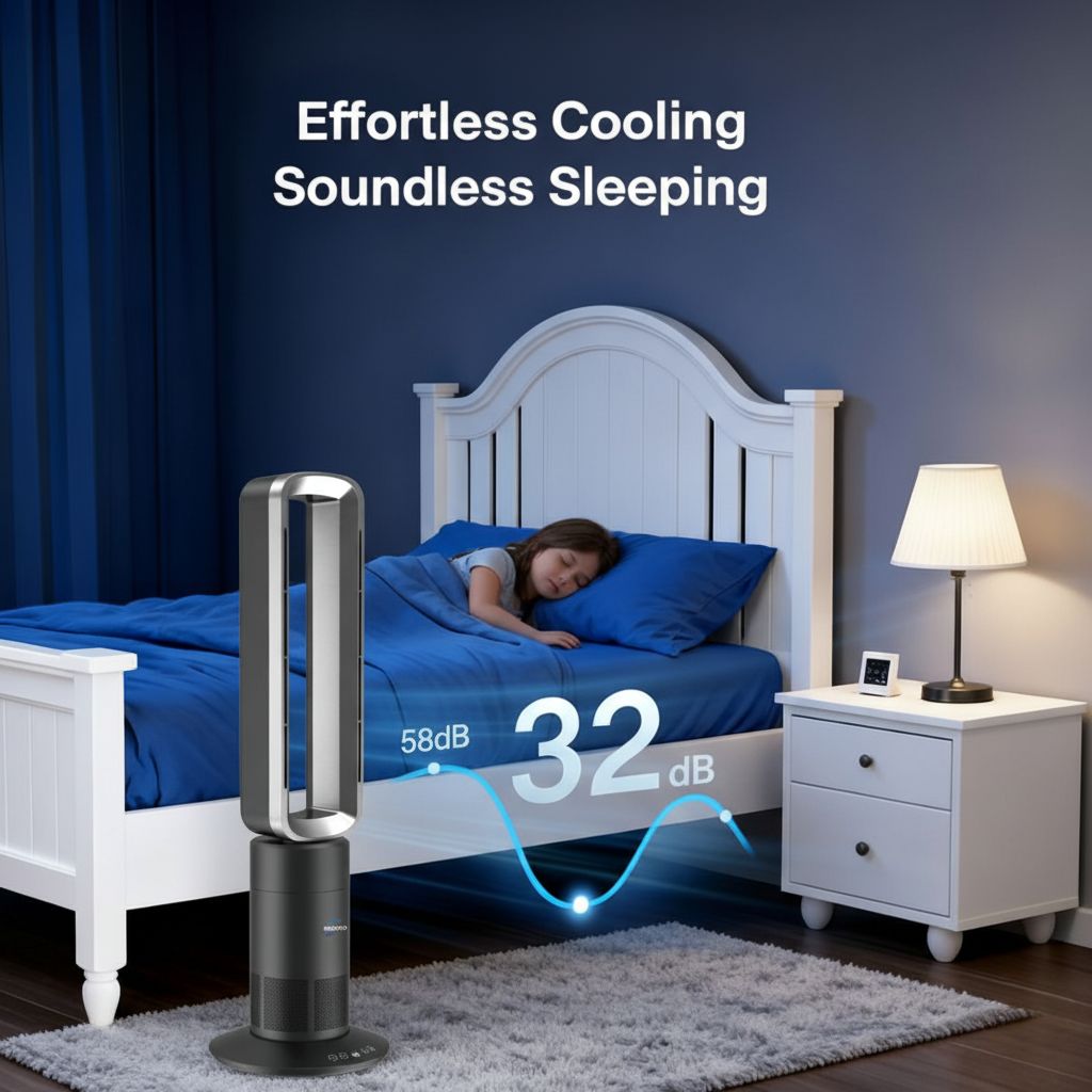 Fan with noise level display in a bedroom setting, promoting effortless cooling and soundless sleeping.