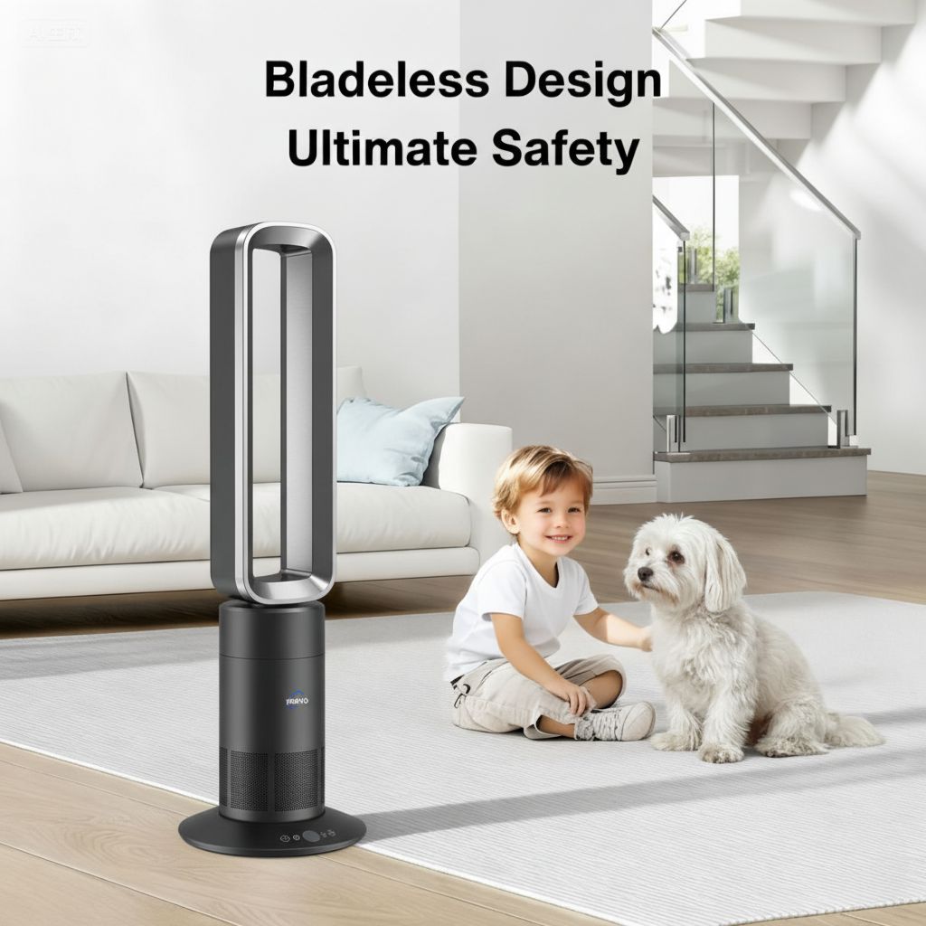 Bladeless tower fan with child and dog in a modern living room setting