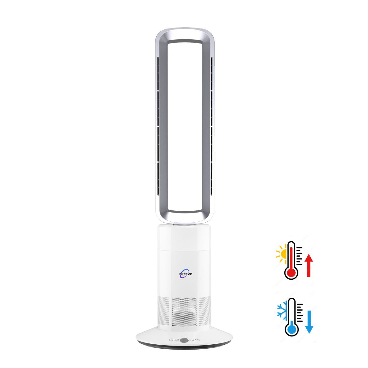 White tower fan with control icons on a white background