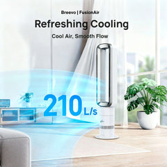 Breveo FusionAir air cooler with cooling effect shown in a room setting.