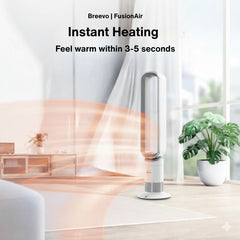 Breevo FusionAir heater on a table with text about instant heating in a room setting.