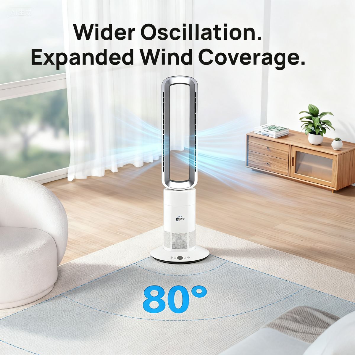 Tower fan with wider oscillation and expanded wind coverage in a living room setting.