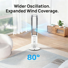 Tower fan with wider oscillation and expanded wind coverage in a living room setting.