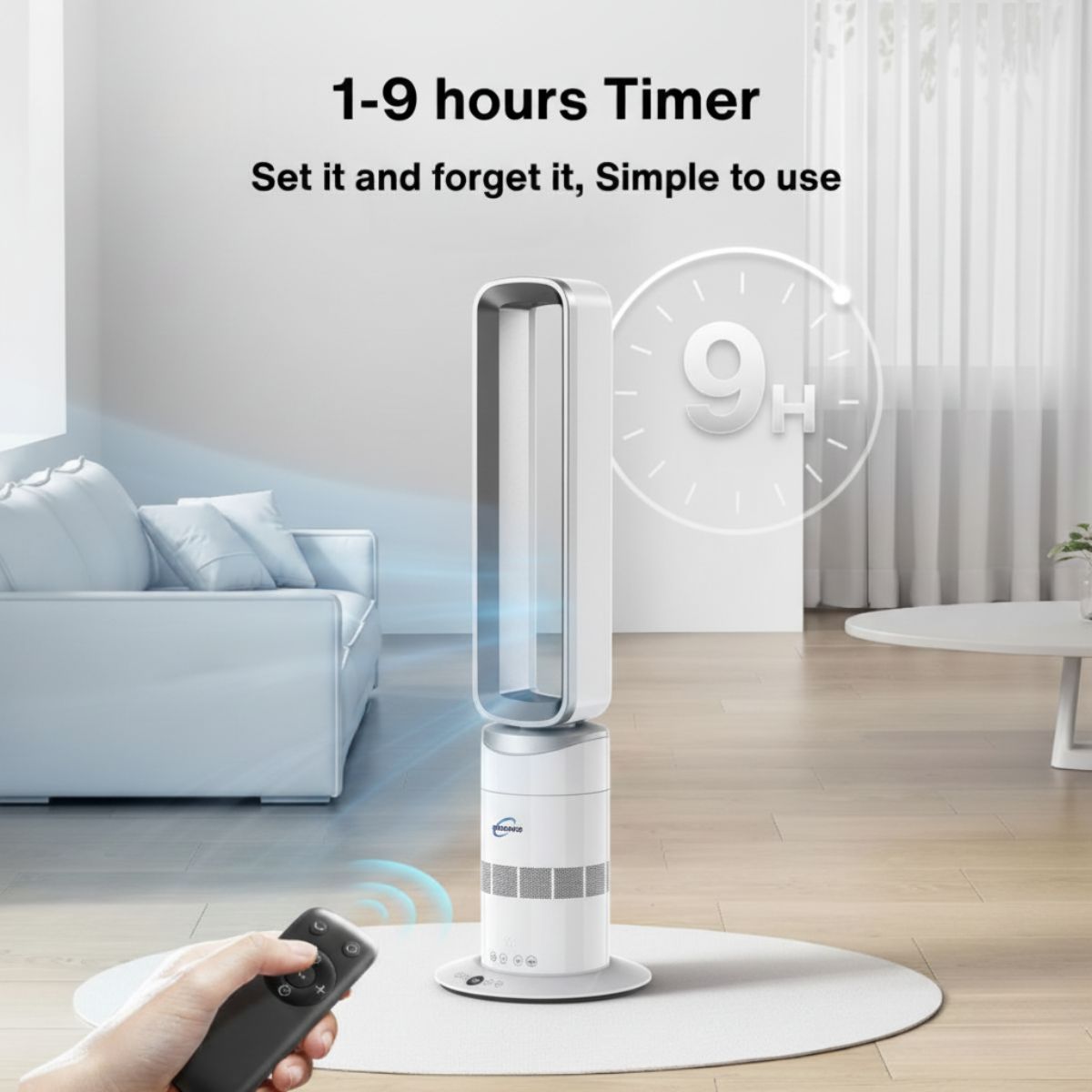 White tower fan with remote control in a living room setting, featuring a timer display.