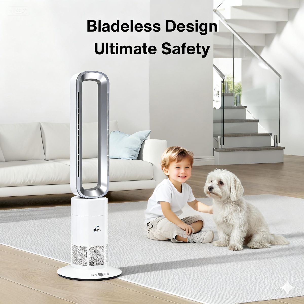 Bladeless fan in a modern living room with a child and dog, emphasizing safety.