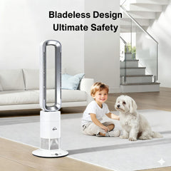 Bladeless fan in a modern living room with a child and dog, emphasizing safety.