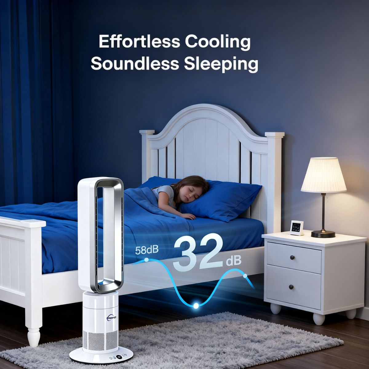 Fan with noise level display in a bedroom setting, emphasizing 'Effortless Cooling' and 'Soundless Sleeping'.