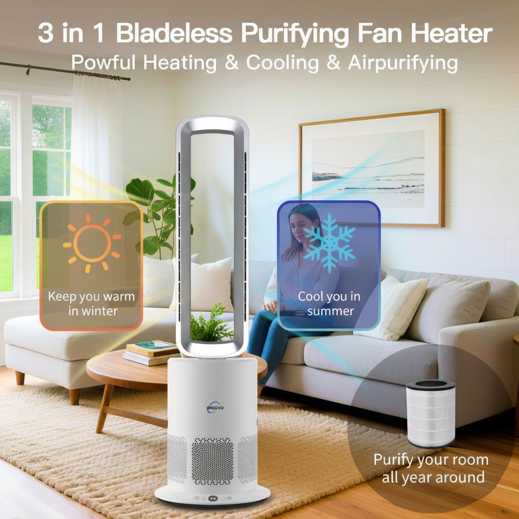 3-in-1 bladeless purifying fan heater in a living room setting with text highlighting its functions.