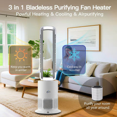 3-in-1 bladeless purifying fan heater in a living room setting with text highlighting its functions.