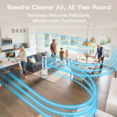 Living room with people and a central air purifier, emphasizing air purification.