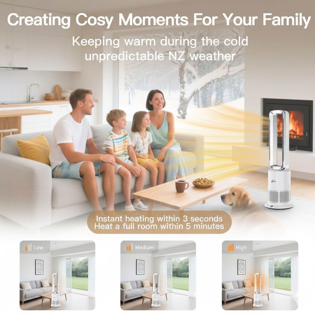 Family sitting on a couch with a dog, using a portable heater to keep warm in a cozy living room.