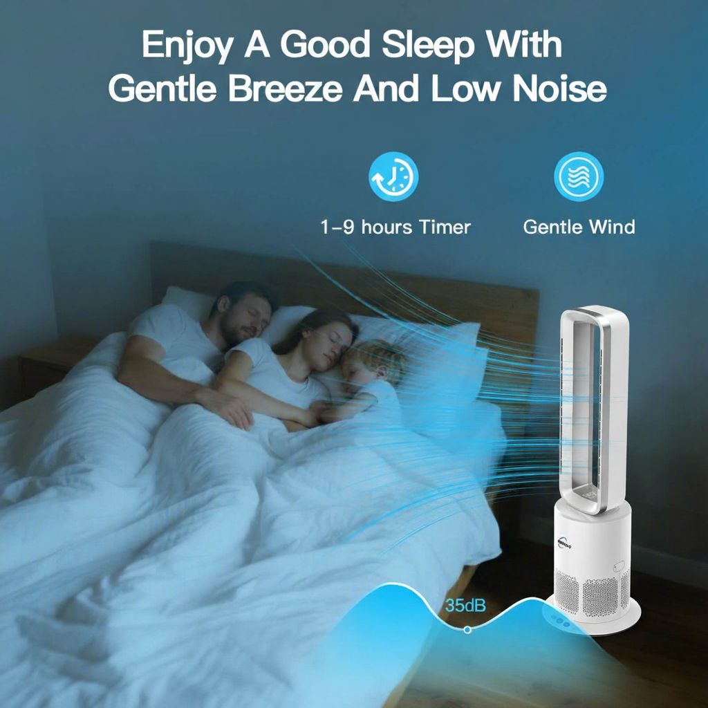 Family in bed with a cooling tower fan, text about good sleep with gentle breeze and low noise.