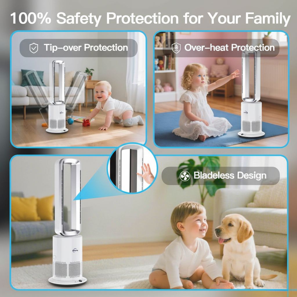 Collage of a bladeless fan with safety features and family usage in a living room.